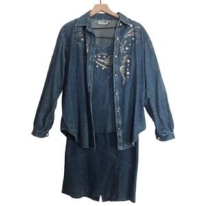 Vintage City Girl Sport Denim Beaded Three Piece Skirt Top Jacket Set Outfit